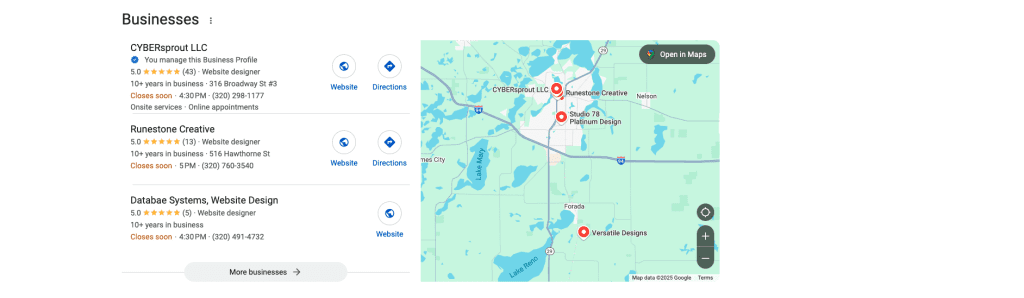 Map showing locations of three businesses: CYBERsprout LLC, Runestone Creative, and Dakota Systems, Website Design in Alexandria, MN. Includes addresses, ratings, contact information alongside the map to help get Google reviews for local SEO.