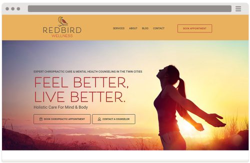 Website homepage for Redbird Wellness featuring a woman standing in a field at sunset with arms raised, and bold text: 