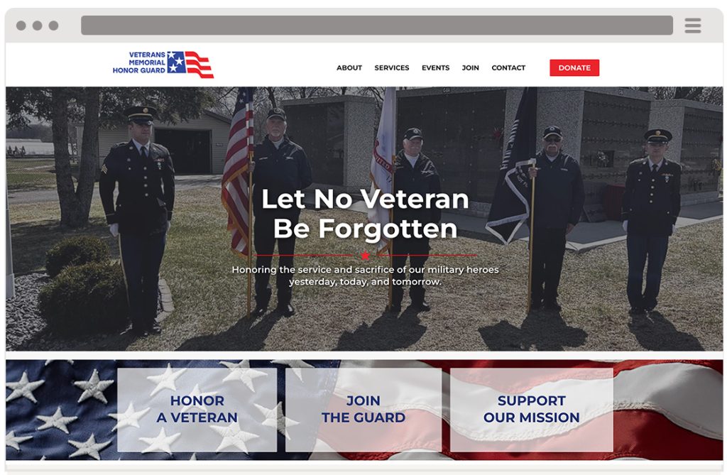 Screenshot of the Veterans Memorial Honor Guard website, showing uniformed veterans with flags and text: “Let No Veteran Be Forgotten. Honoring the service and sacrifice of our military heroes yesterday, today, and tomorrow.”.