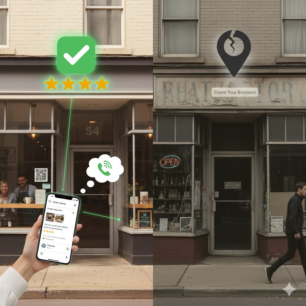 Split image: Left side shows a modern, lively shop front with people inside and a phone displaying positive online reviews—highlighting the benefits of local SEO; right side shows an old, empty storefront with a "Claim Your Business" marker above it.