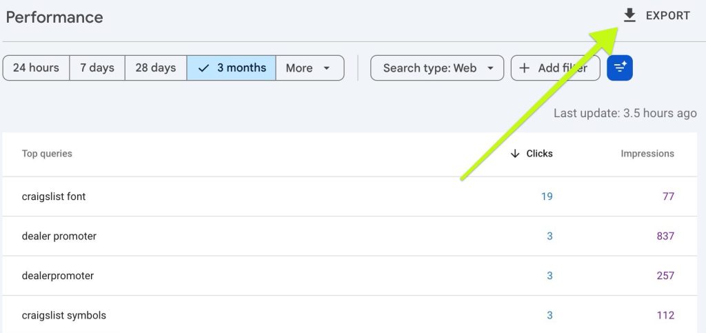 A website performance dashboard, inspired by Google Search Console, displays top search queries with clicks and impressions over 3 months. A green arrow highlights the "EXPORT" button in the upper right corner.