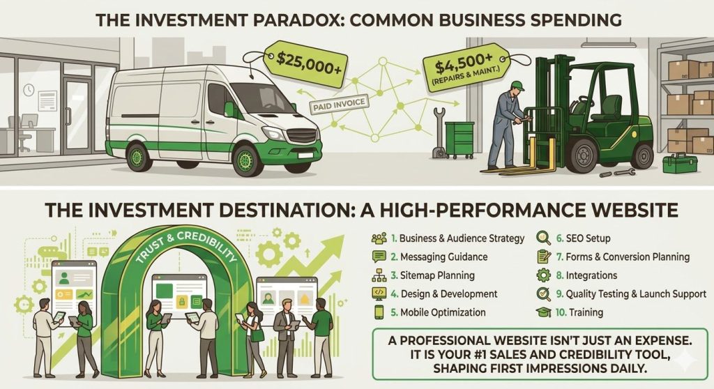An infographic contrasts common business spending, like $25,000 on a van and $4,500 on equipment repairs, with the value of investing in affordable web design for small business to boost trust, credibility, and growth.