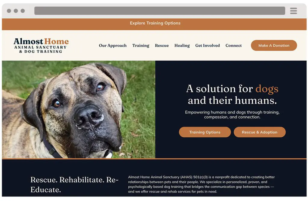 A website for Almost Home Animal Sanctuary features a close-up photo of a brown and black dog. The site offers animal rescue and adoption info, training programs, and options to donate or explore more about this caring animal sanctuary.