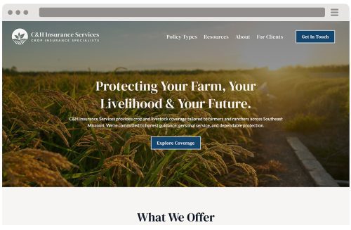 A website homepage for C&H Insurance Services shows a wheat field with a sunset sky. The headline reads, 