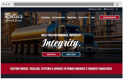 Homepage of Rollie’s Sales & Service website featuring a large fuel tanker truck in front of industrial tanks, with bold text highlighting Rollie's Sales and custom trucks, trailers, and services for tough industries.