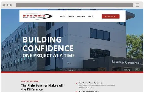 Screenshot of a construction company website with a modern building in the background, the 