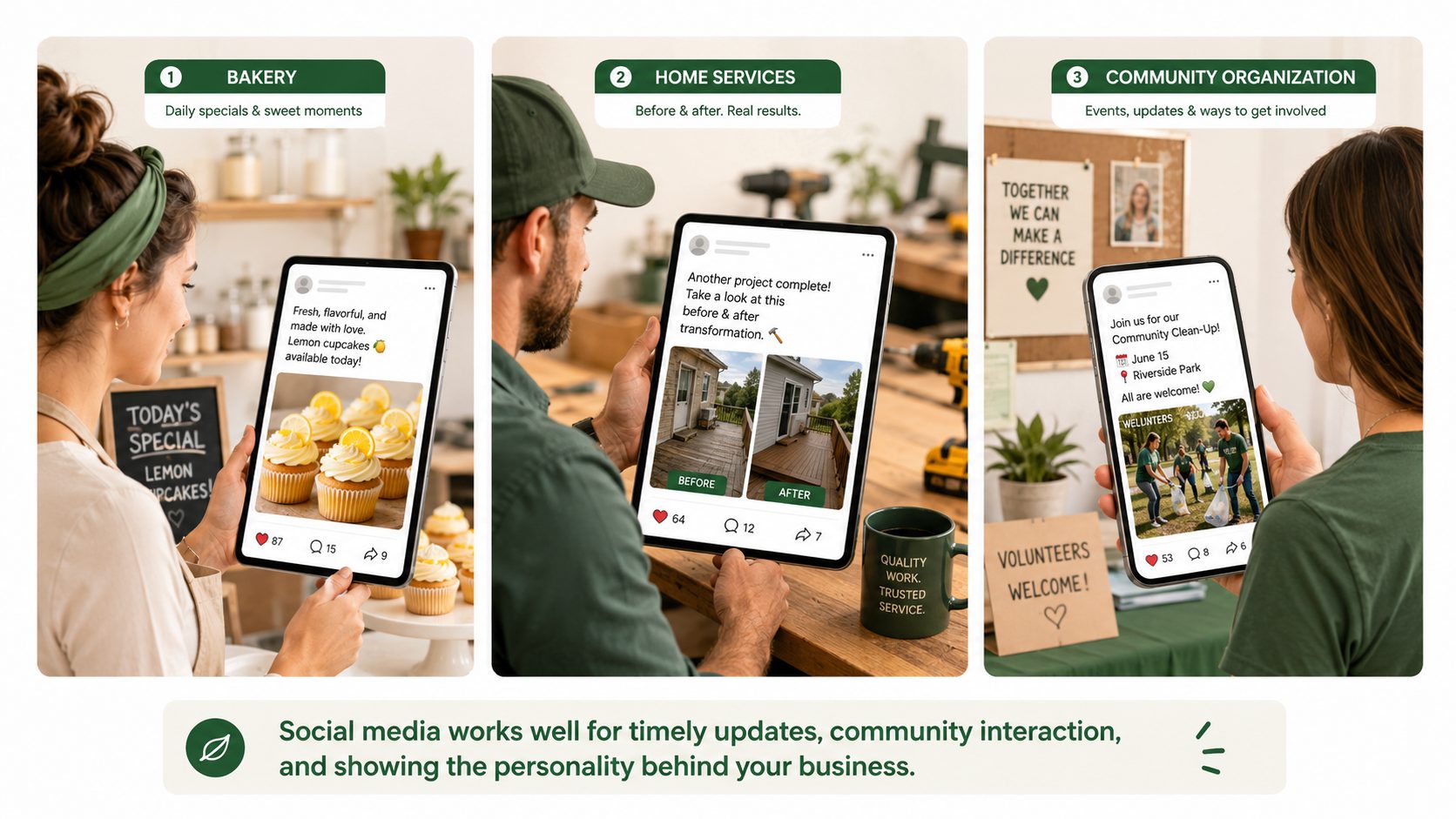 Three small business owners hold phones displaying social media posts—one from a bakery, one from home services, and another from a community organization—highlighting how social media and a website can benefit local businesses.