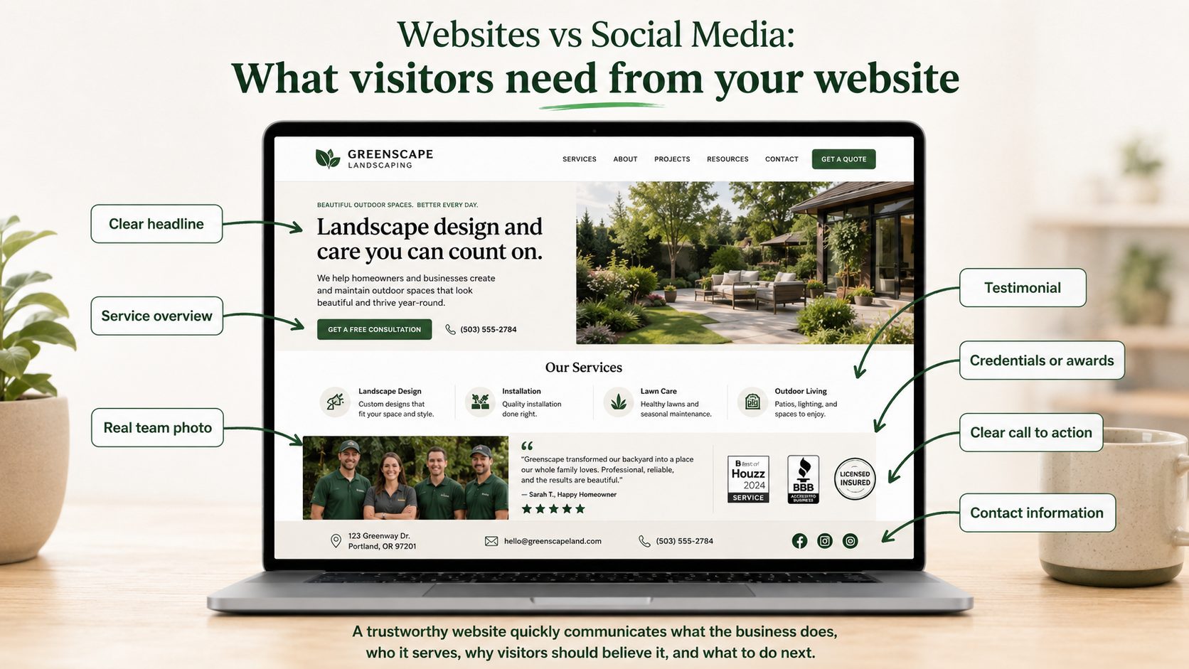 A laptop displays a small business landscaping company website highlighting key features: clear headline, service overview, real team photo, testimonials, awards, strong call to action, and contact info—all clearly labeled for emphasis.