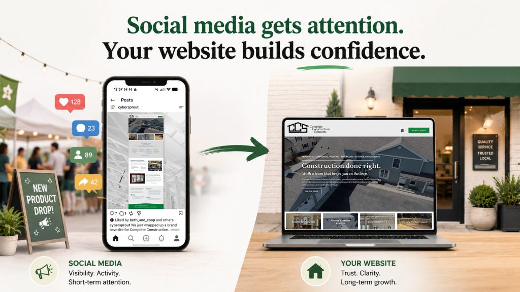A smartphone displays a social media feed on the left; a laptop shows a small business construction company website on the right. Text says social media gets attention, while your website builds confidence. Icons represent each platform’s strengths.